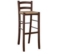 Sgabello alto da bar in legno noce scuro h 80 cm con schienale seduta in paglia