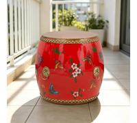 Sgabello Cinese Forma Di Tamburo, Tavolino D'appoggio, Supporto Per Piante | Dipinto A Mano E Smaltato, Membrana In Pelle Bovina, Per Interni Ed Esterni Soggiorno, Balcone E Giardino(Red 1)