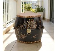 Sgabello Cinese Forma Di Tamburo, Tavolino D'appoggio, Supporto Per Piante | Dipinto A Mano E Smaltato, Membrana In Pelle Bovina, Per Interni Ed Esterni Soggiorno, Balcone E Giardino(Black)