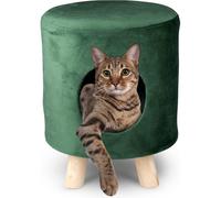 Sgabello con Cuccia per Gatti max 80kg Pouf in Velluto Verde 33x44cm Piedi Legno