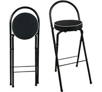 Sgabello da bar pieghevole con supporto posteriore e poggiapiedi, sedile rotondo imbottito per casa, cucina, ufficio, feste, seggiolone pieghevole da 76,2 cm, nero