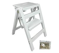 sgabello da cucina， Scaletta pieghevole Sgabello for adulti a 2 gradini, sgabello in legno con impugnatura e pedana larga antiscivolo(White)