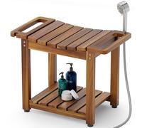 Sgabello da doccia con ripiano portaoggetti, sgabello in legno per bagno, panca da bagno per adulti, anziani e anziani (2 ripiani)