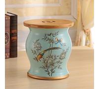 Sgabello da Giardino in Ceramica(Coperchio in bambù e vano Contenitore a Scomparsa) Ceramica Cinese Sgabello Con Motivi Floreali e Ornitologici Adatto per uso Interno ed Esterno（10.6*12 3 10.6*12.2in