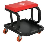 Sgabello da Officina Imbottito con Ruote e Vassoio Porta Attrezzi in Acciaio e PU, 38x35x37cm, Rosso