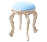 Sgabello da toeletta imbottito vintage, rotondo, rettangolare, con gambe intagliate, sgabello da trucco ottomano per camera da letto (pelle blu, rotondo)