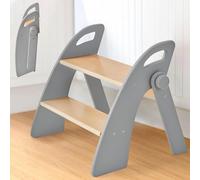 Sgabello di legno per Bambini a 2 Gradini Pieghevole, Capacità di 130 kg con Tappetino Antiscivolo e Maniglie, Scaletta per Bagno, Camera dei Bambini, Cucina, Grigio