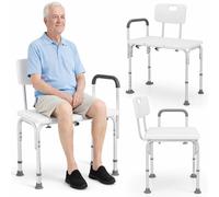BAKAJI Sgabello da Doccia Doppio con Schienale e Braccioli, Struttura Alluminio e Seduta Ergonomica in HDPE, Sedile da Bagno per Anziani, Disabili e Persone con Mobilità Ridotta, Regolabile Altezza