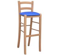 Sgabello h 80 cm in legno noce chiaro con schienale e seduta in similpelle blu