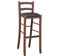 Sgabello h 80cm in legno noce scuro con schienale e seduta in similpelle marrone