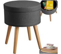 TecTake® Sgabello Imbottito con Effetto Lino, Mobile Rotondo, Scompartimento Interno, Gambe in Pino con Feltrini, Design Elegante e Resistente - Grigio Scuro