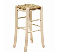Sgabello in legno grezzo h 67 cm con seduta quadrata in paglia e piedi curvati