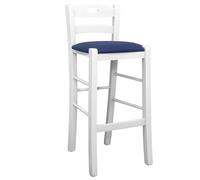 Sgabello legno bianco con foro nello schienale h66 seduta ecopelle blu