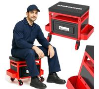 Sgabello Mobile da Officina con Cassetto, Vani e Vassoio Porta Attrezzi e Viti, Sedia per Maccanico Officina Portattrezzi, Ruote Girevoli a 360°, Seduta Imbottita e Struttura Acciaio, capacità 136kg