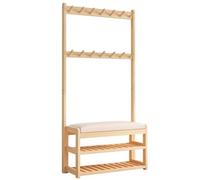 Sgabello portascarpe, panca ad albero per ingresso, con attaccapanni e scarpiera, mobile decorativo 3 in 1 effetto legno con ripiano portaoggetti