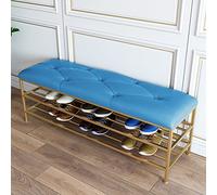 Sgabello portascarpe, panca moderna per ingresso con ripiano per scarpe dorato e seduta in similpelle, scarpiera blu, organizer e panca portaoggetti per ingresso 80x35x45cm