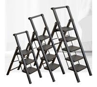 Sgabello portatile in acciaio a 5 gradini, scalas di sicurezza multiposizione for uso domestico telescopica, scalas pieghevole nera con piedi a ferro di cavallo(Black,4 step)
