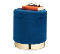 Relaxdays Sgabello in Velluto, Rotondo, Elegante Poggiapiedi Imbottito, Base Dorata, Pouf Moderno, H x D: 41,5 x 37, Blu