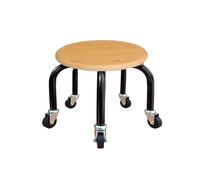 Sgabello rotondo a basso profilo con 5 ruote, base in metallo con venature del legno, sedile universale per casa, ufficio o fitness, colore: nero/bianco