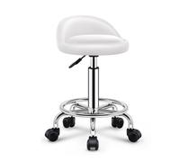 Sgabello rotondo in pelle sintetica resistente, con poggiapiedi, regolabile in altezza, girevole, per lavoro, spa, attività con ruote, colore bianco