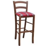 Sgabello Venezia legno noce scuro h 73 cm con seduta in stoffa tessuto scozzese