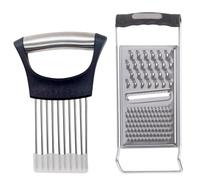 SGERUFZ 1 PCS Affettatore per Cipolle e Supporto, Utensile da Cucina per Tagliare Cipolle e Verdure, e 1 PCS Grattugia da Cucina in Acciaio Inox con Lama per Cetrioli, Grattugia Quadrata e per Verdure
