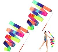 SGERUFZ 2 pezzi banda di danza,2m bande di danza con bastone,colori arcobaleno banda di ginnastica con bastone, banda di danza per bambini ginnastica ritmica danza per bambini spettacolo di talento