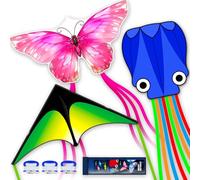 SGftre Set di 3 aquiloni a forma di polpo delta con farfalla, per bambini e adulti, facili da far volare, per esterni, adulti, bambini, giocattolo per bambini (verde prato sfumato, blu polipo,