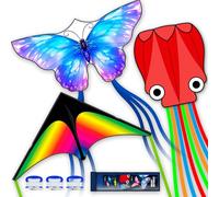 SGftre Set di 3 aquiloni a forma di polpo delta, per bambini e adulti, facili da far volare, per esterni, adulti, bambini, giocattolo per bambini (arcobaleno sfumato prateri polpo rosso+farfalla blu