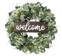 Sggvecsy Ghirlanda di eucalipto artificiale con segno di benvenuto verde foglie di eucalipto ghirlanda 40,6 cm ghirlanda verde foglie rotonde ghirlanda per porta d'ingresso, parete, finestra,