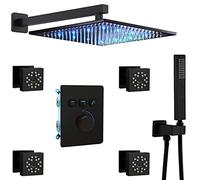 SGKOMN Sistema Doccia a LED, Set con Rubinetto termostatico per Doccia, Set Doccia Combinato da 12 Pollici a Parete, Set Combinato Miscelatore a Pioggia con soffione a Pioggia (Black)