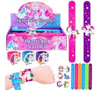 SGM 0461 - Set di 24 braccialetti a schiaffo con unicorno, in silicone, set di braccialetti a scatto con stelle colorate, per bambini, ragazze, ragazzi, feste di compleanno, bomboniere (24)