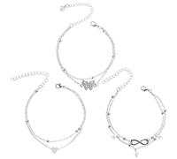 SGQTZDZQ 3 cavigliere da donna, cavigliere, a doppio strato, con ciondolo a forma di cuore e farfalla, regolabili in stile bohémien, 7.87+2.76in/7.48+2.76in, Metallo, Strass