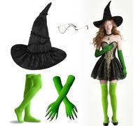 SGZIOO Set di costumi malvagi, costume da Elphaba per adulti, include cappello da strega, occhiali Elphaba, guanti verdi con artigli, calze alte fino alla coscia, costume da strega malvagia per adulti