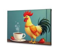 Shabby Chic Decor Un Gallo si trova accanto a una tazza di caffè fumante con fragole. Tela decorativa per la casa, decorazione per la casa, parete, bagno, decorazione da parete (30 x 40 cm)