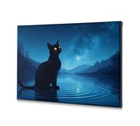 Shabby Chic Decor Un gatto nero seduto sull'acqua sotto un cielo stellato di notte su tela, decorazione per la casa, parete, bagno, parete (40 x 60 cm)
