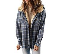 Shacket Giacca a quadri da donna in pile, camicia a quadri da donna con cappuccio oversize ampia shacket top fidanzato inverno caldo cardigan cappotti invernali, Marina Militare, S