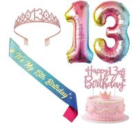 SHADOAMP Decorazioni colorate per il 13° compleanno per ragazze - Tiara glitterata, fascia per il mio 13° compleanno, Happy 13th Cake Topper Numero 13 Palloncino - Festeggia il compleanno di tredici
