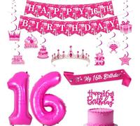 SHADOAMP Decorazioni per il 16° compleanno per ragazze, rosa acceso e argento, set per feste con striscione palloncini e topper per torta, per festeggiare in uno stile straordinario