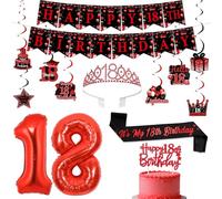 SHADOAMP Decorazioni per il 18° compleanno per ragazze, set per feste rosso e nero con striscione, palloncini, topper per torta e fascia | Festeggia i diciotto in stile elegante