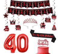 SHADOAMP Decorazioni per il 40° compleanno da donna, set di compleanno rosso e nero con striscione, palloncini in alluminio, fascia e topper per torta, festeggia i quaranta in stile audace ed elegante