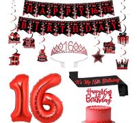 SHADOAMP Dolci decorazioni per il 16° compleanno per ragazze | Set per feste a tema rosso e nero con striscione, palloncini topper per torta e fascia | Festeggia sedici con momenti indimenticabili