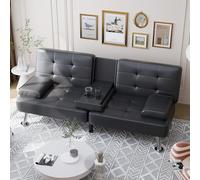 Shahoo Divano-letto futon convertibile pieghevole per soggiorno, in ecopelle, imbottito con braccioli rimovibili, gambe in metallo, 2 portabicchieri, nero