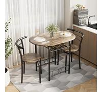 Shahoo Set di 3 pezzi tavolo da pranzo in legno, angolo colazione cucina set con 2 sedie e tavolo rotondo, mobili salvaspazio struttura in metallo e portabottiglie integrato, noce