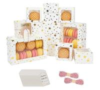 SHAIDOJIO 24Pz Scatole Biscotti Bianca con Finestra Trasparente, 4/9 Pollici Scatole per Biscotti, Scatoles per Dolci a Forma di Stella Dorata con Corde e Etichette Regalo per Macaron Dessert Cupcake