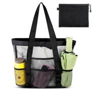 SHAIDOJIO Borsa da Spiaggia in Rete con 1 Trousse da Toilette, Borsa Spiaggia Grande Nera, Tote Bag Donna per Vacanze Pieghevole e Leggera con 8 Tasche per Spiaggia, Viaggi, Picnic, Nuoto, Shopping