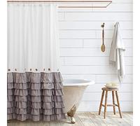 Shaina Tenda da doccia bianca e grigia da 72 x 72 cm, con volant shabby chic e bottoni in stile country francese, tessuto moderno (grigio)