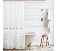 Shaina Tenda da doccia bianca in stile rustico francese, 72 x 72 cm, con volant shabby chic e bottoni in stile rustico francese, tessuto moderno (bianco)