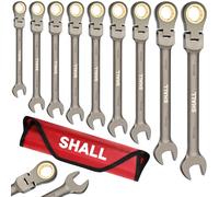 Shall Set di chiavi combinate a cricchetto con testa flessibile da 9 pezzi, metriche, 8-19 mm(8, 10, 11, 12, 13, 14, 15, 17, 19 mm), realizzate in Cr-V, nichelate con borsa portaoggetti