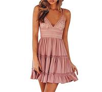 ShallGood Donna Elegante Halter Vestito Sexy Scollo a V Bowknot Abito di Pizzo Estate Senza Schienale Mini Abito Sera Festa Spiaggia Abiti Sundress Rosa IT 38